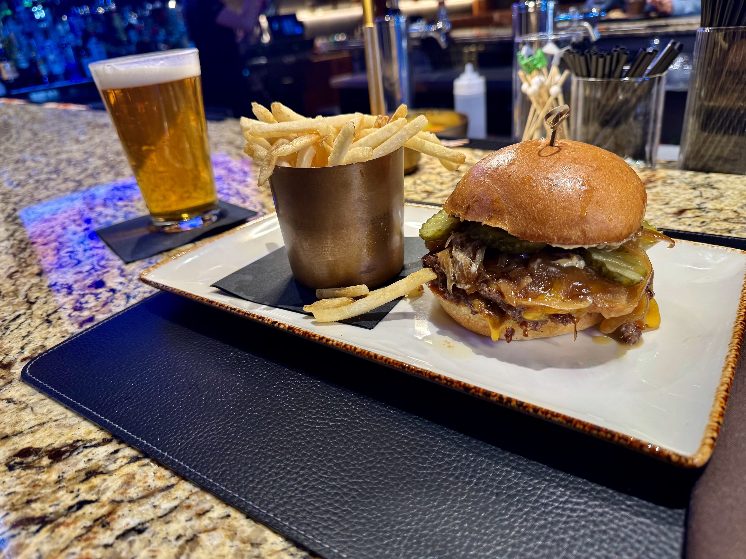 Burger, fries and beer at Stingers Golf Lounge